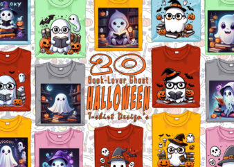 Spooky Bookish Ghost Halloween t-shirt design bundle with 20 designs – download instantly