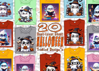 Colourful Halloween Bookish Ghost t-shirt design bundle with 20 designs – download instantly Retro Vintage T-shirt Illustration Bundle