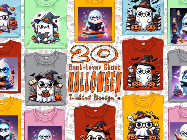 Colourful halloween bookish ghost t-shirt design bundle with 20 designs – download instantly retro vintage t-shirt illustration bundle