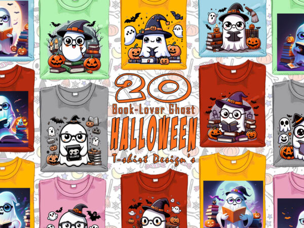 Bookish ghost halloween t-shirt design bundle with 20 png & jpeg designs