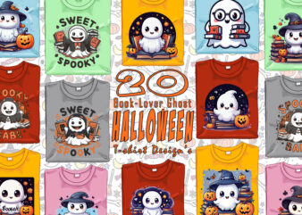 Retro Halloween Book Lover Ghost t-shirt design bundle with 20 designs for POD