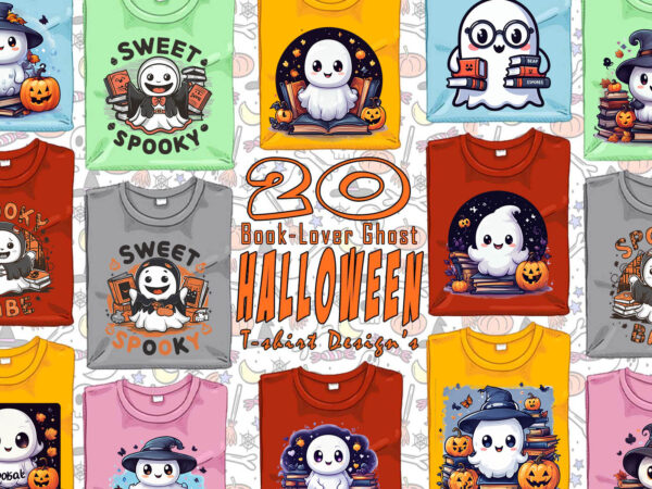 Retro halloween book lover ghost t-shirt design bundle with 20 designs for pod