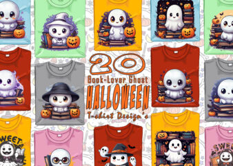 Bookish Ghost Halloween t-shirt design bundle with 20 png & jpeg designs – download instantly for POD