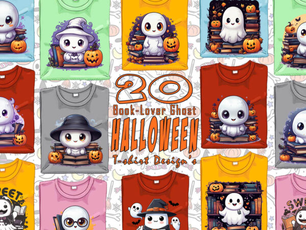 Bookish ghost halloween t-shirt design bundle with 20 png & jpeg designs – download instantly for pod