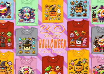 Colourful Halloween Candy Ghost t-shirt design bundle with 20 png & jpeg designs – download instantly Retro Vintage T-shirt Design