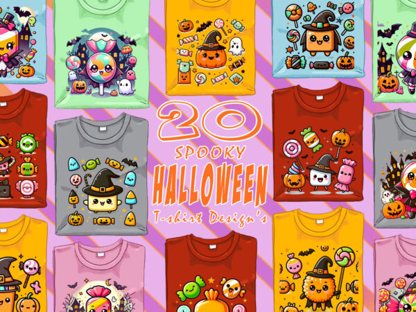 Colourful halloween candy ghost t-shirt design bundle with 20 png & jpeg designs – download instantly retro vintage t-shirt design