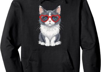 Tuxedo Cat With Heart Glasses Valentines Day Kitty Cat Lover Pullover Hoodie