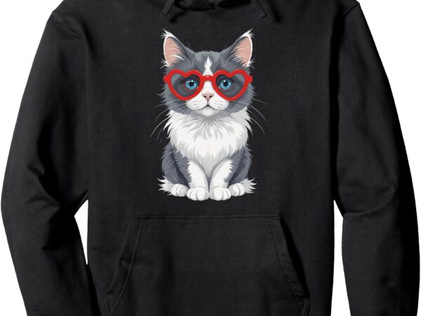 Tuxedo cat with heart glasses valentines day kitty cat lover pullover hoodie t shirt designs for sale