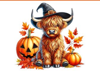 Highland Cow Spooky Season Fall Autumn PNG, Witchy Cow Halloween PNG