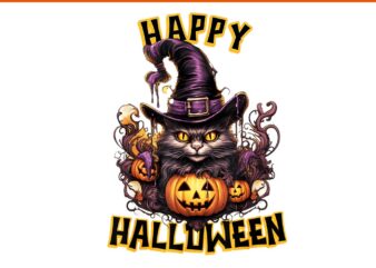 Witchy Cat Happy Halloween PNG