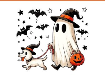 Ghost Walking Dog Spooky Season Halloween Coquette PNG t shirt design template