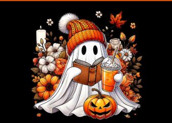 Ghost Drinking Coffee Halloween Pumpkin Flower PNG t shirt design template