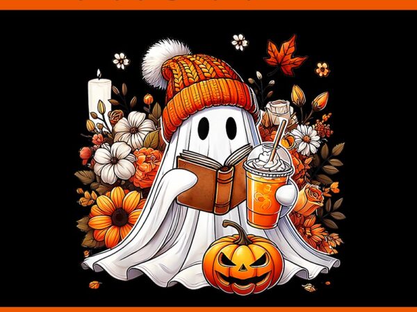 Ghost drinking coffee halloween pumpkin flower png t shirt design template