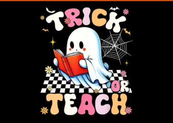 Trick or Teach Floral Ghost Groovy Teacher Halloween PNG