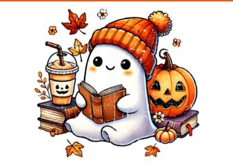 Halloween Ghost Reading Book Coffee Halloween PNG