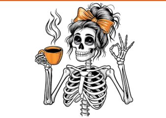 Skeleton Messy Bun Coffee Halloween PNG t shirt template vector