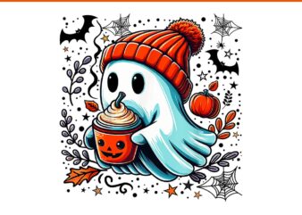 Cute Ghost Drinking Coffee Halloween Ghost Ice Coffee PNG