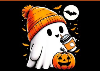 Ghost Drinking Coffee Pumpkin Halloween PNG