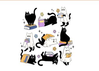 Ghost Black Cat Reading Books Spooky Halloween PNG