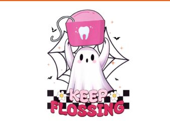 Keep Flossing Ghost Groovy Dental Hygiene Halloween Crew PNG