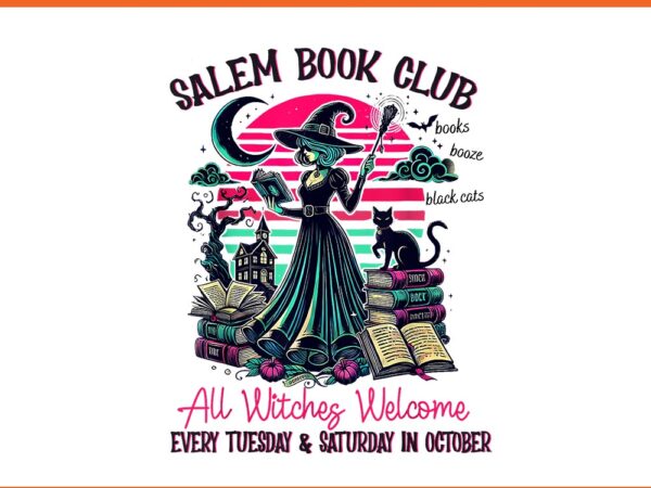 Salem book club witches reading black cat spooky halloween png t shirt template vector