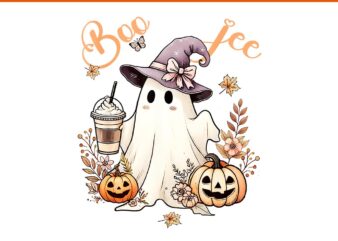 Boo Jee Ghost Drinking Coffee Coquette Bow Halloween PNG