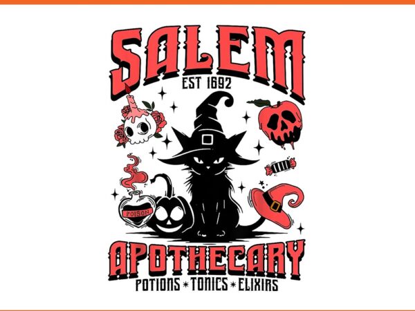 Salem apothecary halloween black cat png, salem witch book-club png t shirt template vector