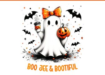 Boo Jee & Bootiful Ghost Drinking Coffee Coquette Bow Halloween PNG