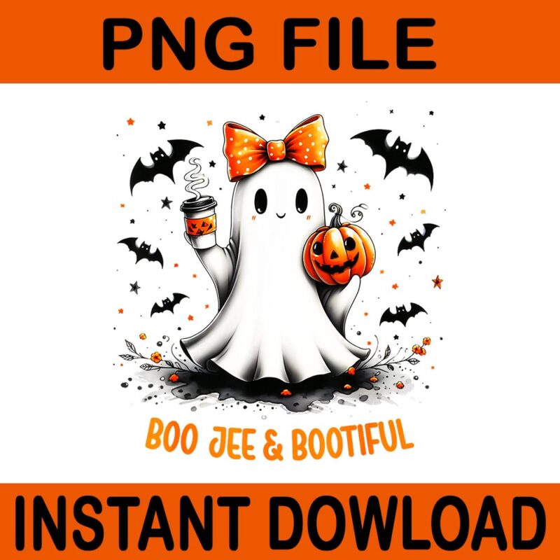 Boo Jee & Bootiful Ghost Drinking Coffee Coquette Bow Halloween PNG