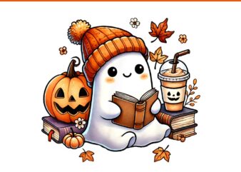 Cute Ghost Reading Book Halloween PNG, Ghost Coffee Book Halloween PNG