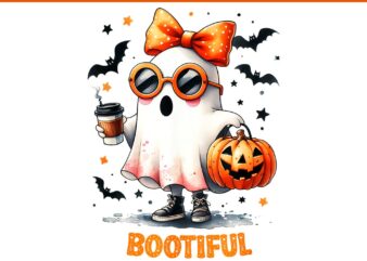 Bootiful Ghost Drinking Coffee Coquette Bow Halloween PNG t shirt template