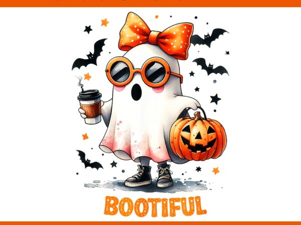 Bootiful ghost drinking coffee coquette bow halloween png t shirt template