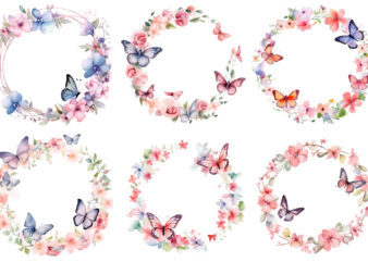 Watercolor Spring Rose Floral Circle Border with Butterfly