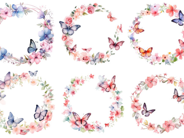 Watercolor spring rose floral circle border with butterfly t shirt design for sale