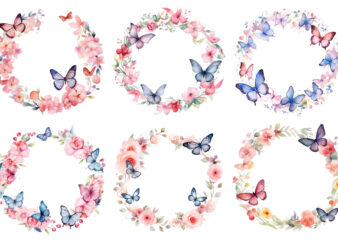 Watercolor Spring Rose Floral Circle Border with Butterfly