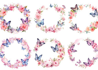 Watercolor Spring Rose Floral Circle Border with Butterfly