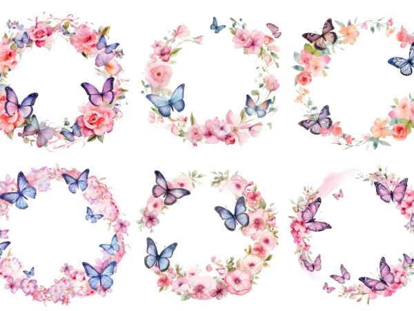 Watercolor spring rose floral circle border with butterfly t shirt design for sale