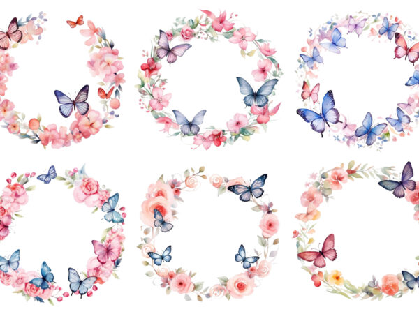 Watercolor spring rose floral circle border with butterfly t shirt design for sale