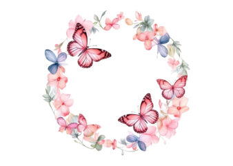 Watercolor Spring Rose Floral Circle Border with Butterfly