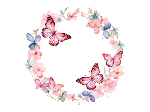 Watercolor spring rose floral circle border with butterfly t shirt design for sale