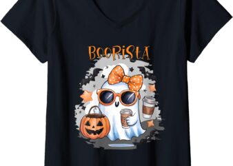 Womens BooRista Funny Halloween Ghost holding Coffee and a Pumpkin V-Neck T-Shirt