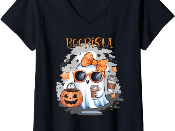 Womens boorista funny halloween ghost holding coffee and a pumpkin v-neck t-shirt