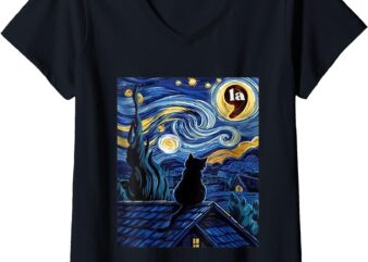 Womens Halloween Starry Night Black Cat Comma La Kamala Harris V-Neck T-Shirt