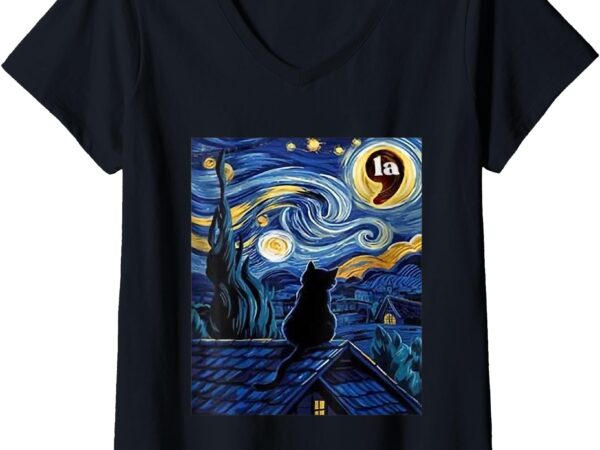 Womens halloween starry night black cat comma la kamala harris v-neck t-shirt