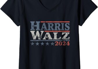 Womens Harris Walz Waltz 2024 Retro Vintage Distressed Design V-Neck T-Shirt