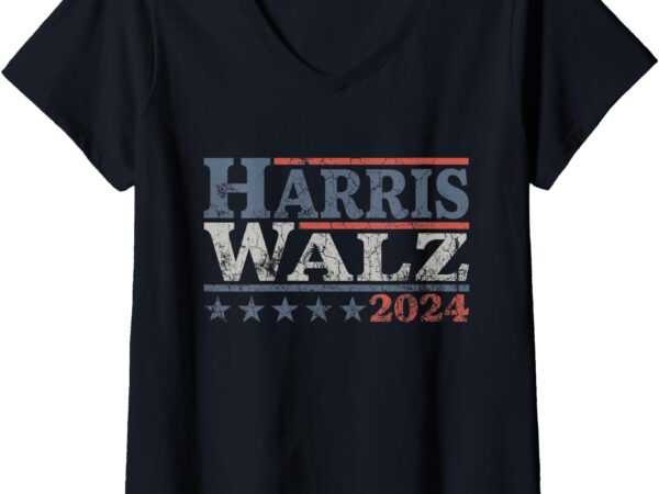 Womens harris walz waltz 2024 retro vintage distressed design v-neck t-shirt