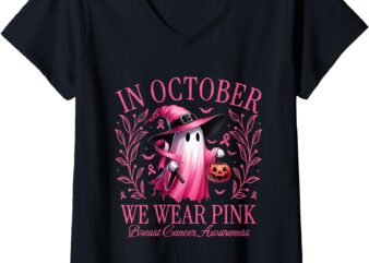 Womens In October We Wear Pink Breast Cancer Awareness Halloween V-Neck T-Shirt