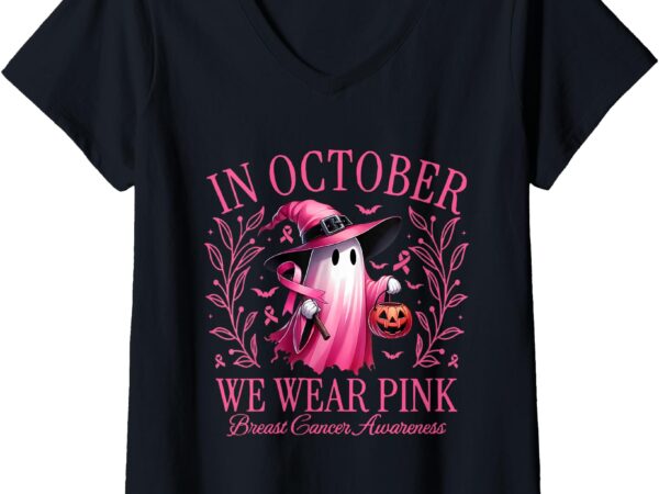 Womens in october we wear pink breast cancer awareness halloween v-neck t-shirt