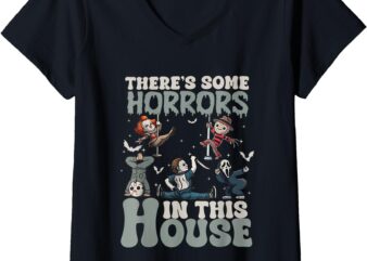 Womens There’s Some Horrors In This House Funny Horror Characters V-Neck T-Shirt