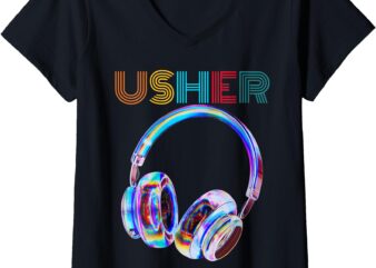 Womens USHER Hiphop Fan Music Headphone Vintage Design V-Neck T-Shirt